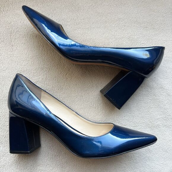 Marc Fisher Zala Blue Patent Leather Pointed Toe Pump Women 8.5 Block Heel - Picture 1 of 16